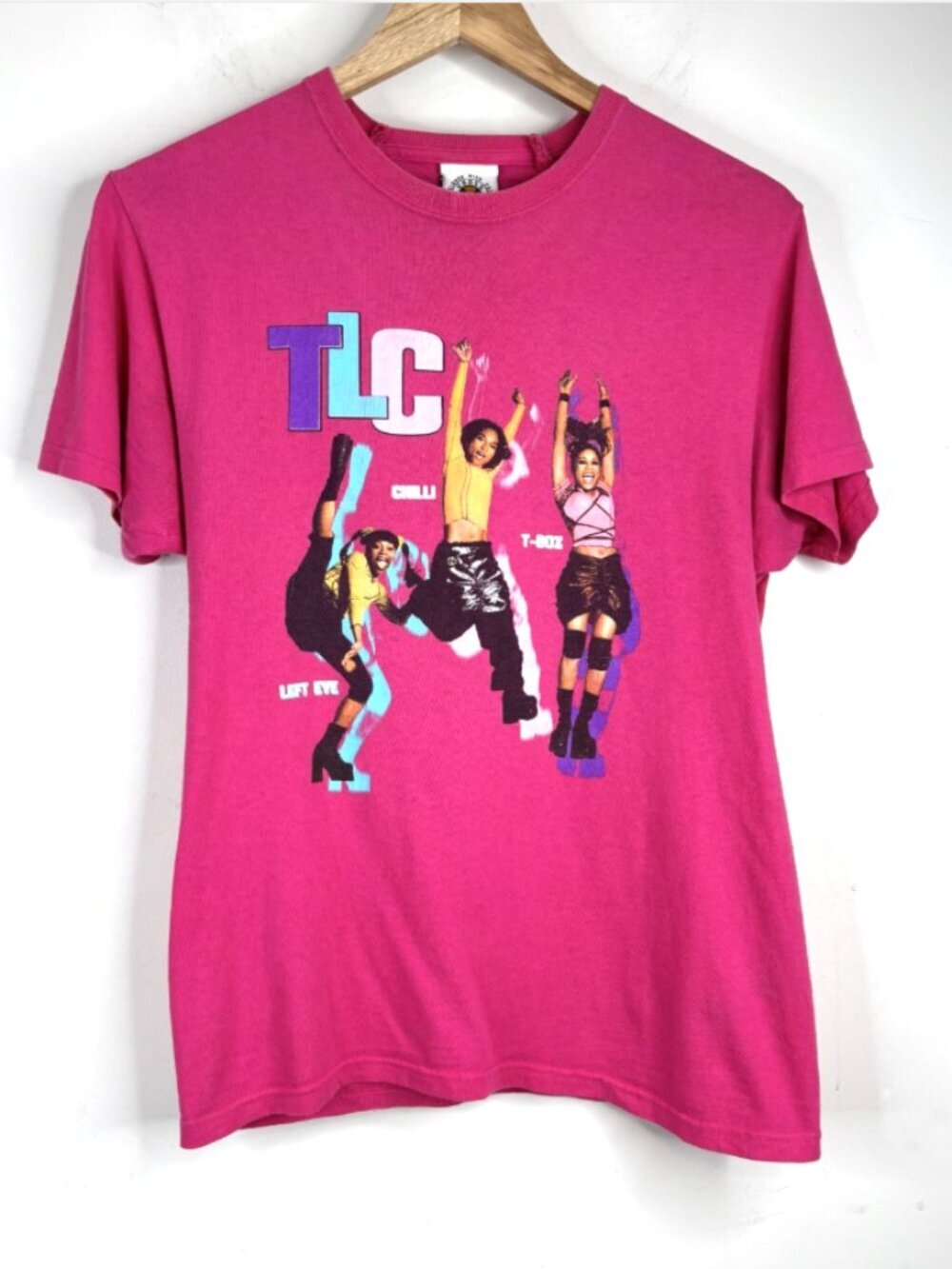 Vintage 90s Cross Colours TLC T Shirt S Pink Ya Dig Left Eye Hip Hop Graphic Tee